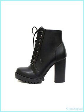 Fashion Lace Up Military Ankle Boot with Stacked Heel and Side Zipper